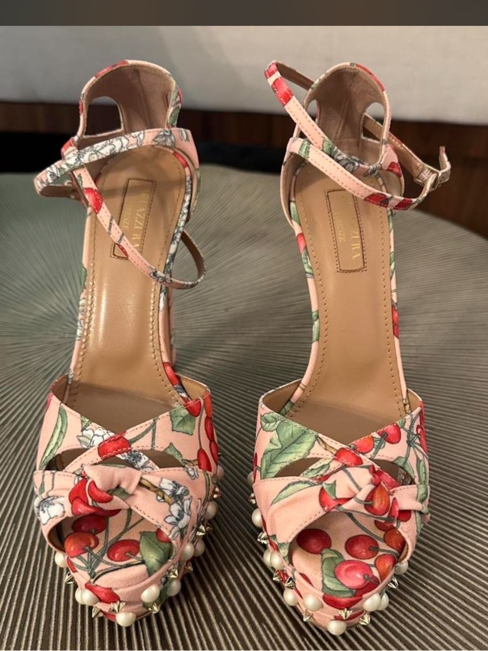 Aquazzura Cherry Floral Ankle-Strap Platform Heels - Pink & Red 💝 - Picture 2 of 8